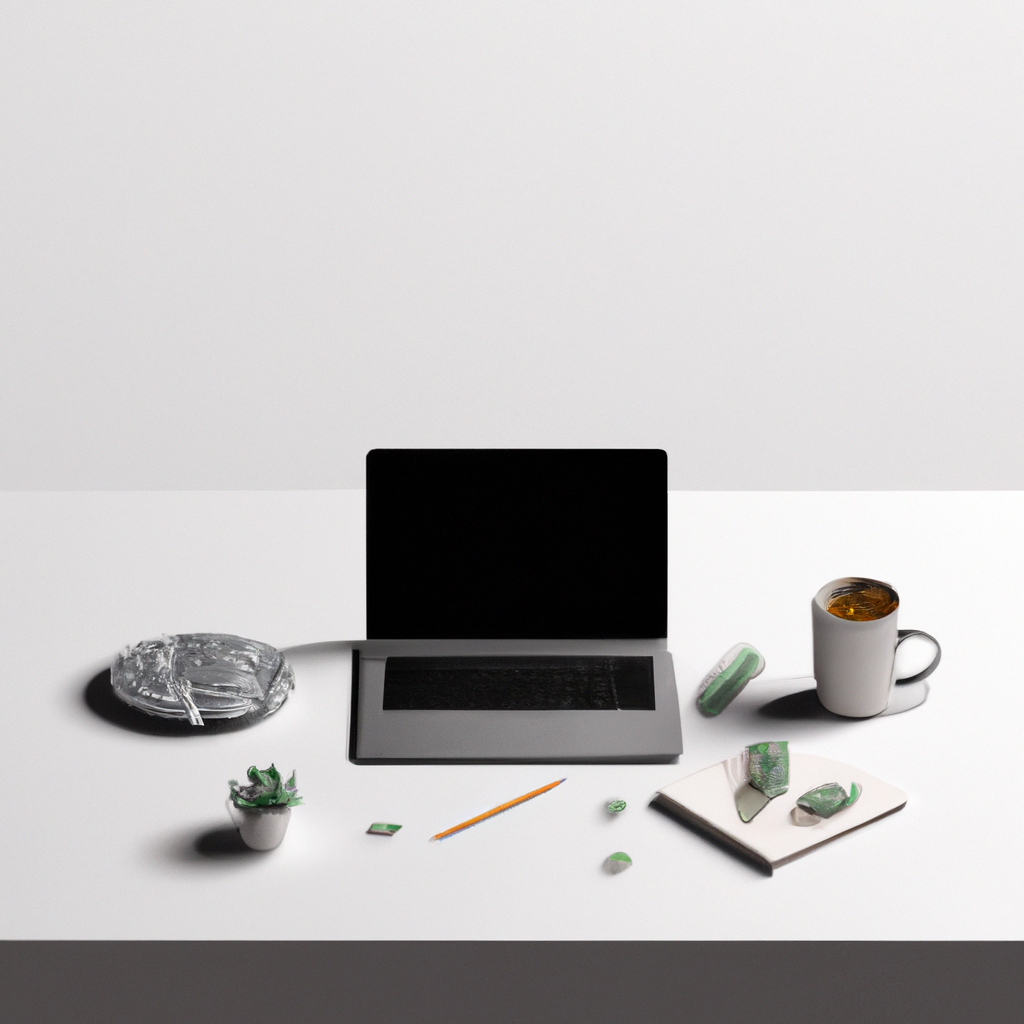Modern minimalist office desk with laptop, coffee and plant